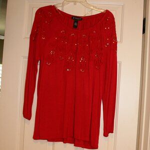 INC Sz LG LS Red Top with Silver Sequin Sparkles & Red Embroidery
